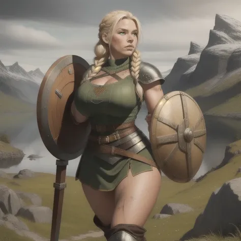 ( borrowed letter ), ( masterpiece), of high quality ,   full body photo of a  **-****-***  blonde Viking girl standing with a Viking shield and holding a Viking sword , ,   the cutest Norwegian girl of all  , She's hurt  , exhausted face  ,   Nordic tatto...