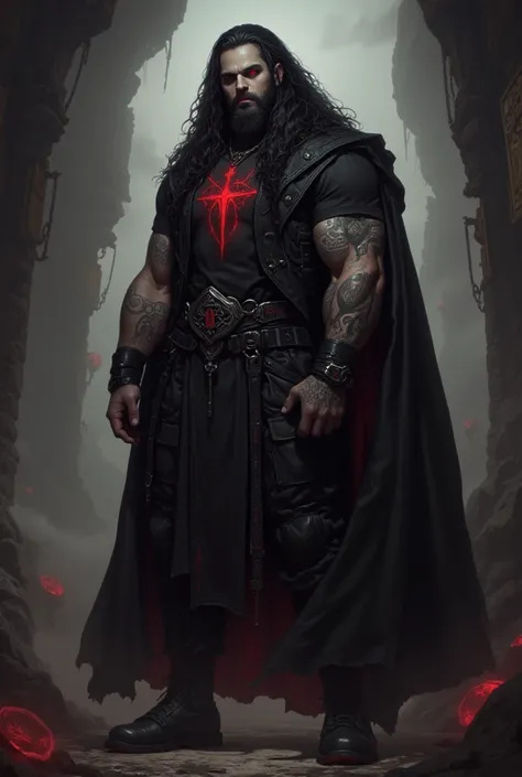 A very tall and muscular man. He has pale skin. He has long wavy black hair.  He has glowing crimson eyes. He wears a black band t-shirt with a long black coat on top and cargo pants. He wears black goth boots. He has glowing tribal tattoos on his torso an...