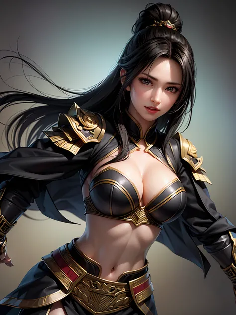 (Masterpiece :1.2, best quality ), beautiful illustrations , (natural side lighting, movie lighting), a woman wearing black armor and a black cloak, 1 person,long hair, asymmetrical bangs ,Cleavage , Thin Waist High Definition Face and Skin Textures, Stari...