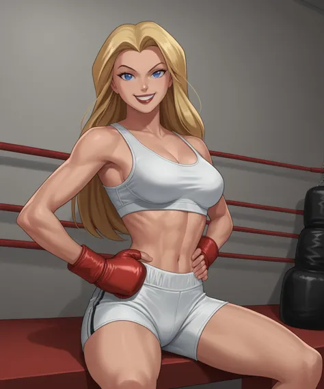 safe_pos, PonyXLV6_Scores BREAK ((retro artstyle, parody)), perfect anatomy, cowboy shot) 1girl, blonde hair, long hair, blue eyes, flirting, raised eyebrow, ((looking at viewer)), superhero, midriff, white boxing gloves, white boxing shorts, curvy, toned,...