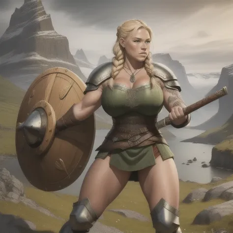 ( borrowed letter ), ( masterpiece), of high quality ,  full body photo of a  **-****-***  blonde Viking girl standing with a Viking shield and holding a Viking sword , ,  the cutest Norwegian girl of all  , She's hurt  , exhausted face  ,  Nordic tattoos ...