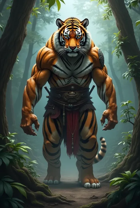  “Create a realistic illustration of a tiger with warrior characteristics.  The tiger must present an upright and humanized posture ,  displaying well-defined muscles and an imposing presence . on its body it may reveal past battles .  The background may b...