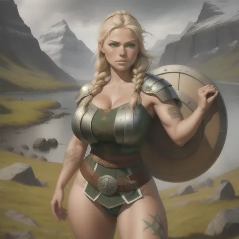 ( borrowed letter ), ( masterpiece), of high quality ,  full body photo of a  **-****-***  blonde Viking girl standing with a Viking shield and holding a Viking sword , ,  the cutest Norwegian girl of all  , She's hurt  , exhausted face  ,  Nordic tattoos ...