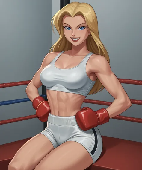 safe_pos, PonyXLV6_Scores BREAK ((retro artstyle, parody)), perfect anatomy, cowboy shot) 1girl, blonde hair, long hair, blue eyes, flirting, raised eyebrow, ((looking at viewer)), superhero, midriff, white boxing gloves, white boxing shorts, curvy, toned,...