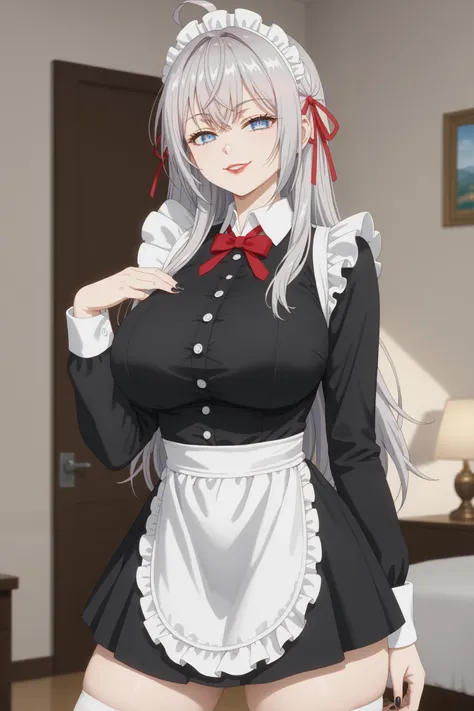 Girls, smile, red lips, fair skin, big tits, big breats, big ass, big butt, long hair, sexy body, thic body, beauty girls, maid costume, black and white maid costume colors, stocking, white stocking colors, nails, black nails colors, in bedroom background,...