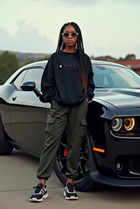 Girl with round glasses, long braided hair dressed in cargo jogger pants, Jordan black sweatshirt and sneakers, do lado de um carro Dodge Hellcat srt charger 