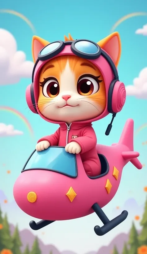 Prompt 3: Rescue cat  (pilot)
 A cartoon cat with large , Curious eyes,  wearing a pink jumpsuit . Auf ihrem Kopf eine Schutzbrille und Kopfhörer wie ein pilot.  She is sitting in a small pink helicopter ,  decorated with cute symbols .  The background sho...