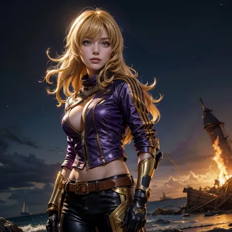 yangxiaolong, yang xiao long, smiling, long hair, blonde hair, large breasts, (purple eyes:1.3), ahoge, bangs, BREAK wearing a white ski jacket with gold trim, white ski pants, mechanical arms, single mechanical arm, prosthesis, prosthetic arm, BREAK walki...