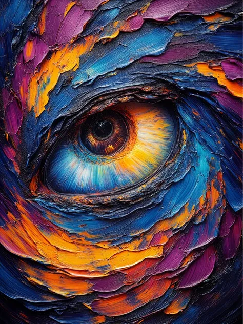 huge eye full size on the picture, close iris, on long spread dark golden robe, blocks around her surrouding, on illustration line art medium, painting finishings half painted and watercolor, deep dark blue marine, golden, orange and green on purple detail...