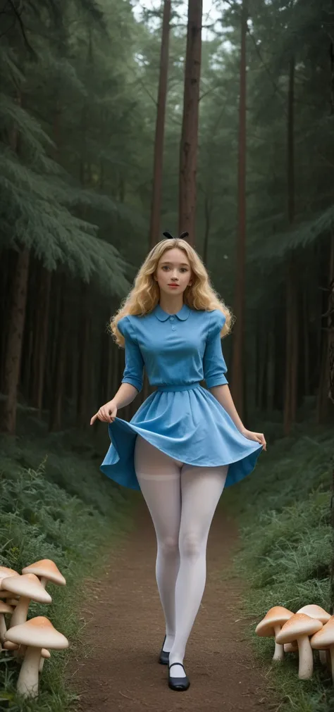 (Best quality,A high resolution,Ultra - detailed,actual),Alice Wonderland, blue short dress, white pantyhose, long yellow hair, ,( dark forest background :1.4 ), More detailed 8K.unreal engine:1.4,UHD,Best quality:1.4, photorealistic:1.4, skin texture:1.4,...