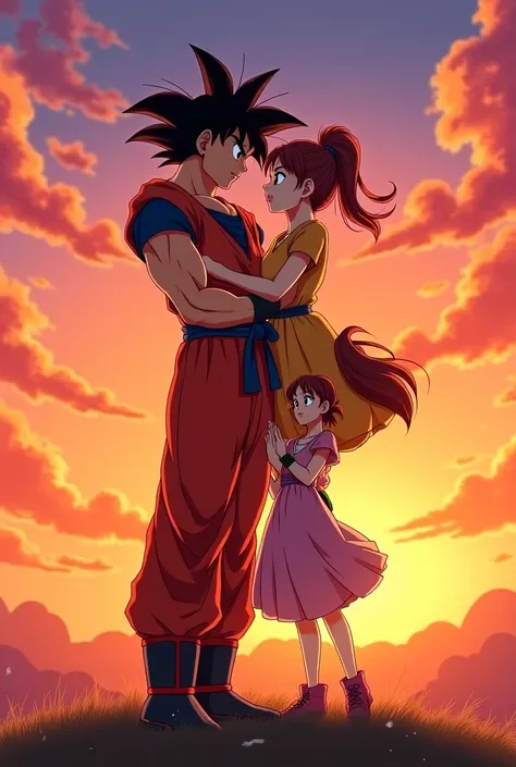 Goku with two girls  ,  one in his arms and the other holding hands with a sunset background