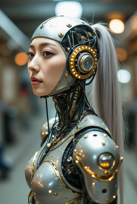 Image of Cyberpunk Girl, Of the highest quality, masterpiece, Ultra High Resolution, ((Photorealistic: 1.4), Raw photo, One Cyberpunk Girl, Glossy skin, One Mechanical Girl, (super realistic details)), Mechanical head, Mechanical body with metal armor, Lux...