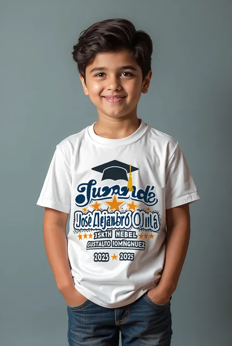 shirt for sixth grade graduation with the name of José Alejandro Ávila and advanced college designs Gustavo Domínguez school year 2025 mentioning Congratulations beginning of a new phase 