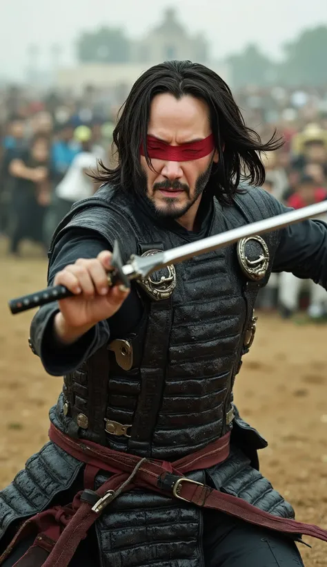 Keanu Reeves takes on the role of the legendary Kenshi in an epic reinterpretation of the blind swordsman of *Mortal Kombat*. Wearing a modernized samurai suit , } with dark plate armor and deep red details , he exudes the presence of a veteran warrior...