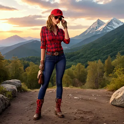  sexy woman , In the Mountain Scenery , ( muddy:1.5), ( committed from behind ), wear ( very dirty tight black jeans :1.3), ( red and white plaid cowboy shirt),  Hiking Boots ,  gloves,  sunglasses,  baseball cap that eats a shape, belt.  front view.  full...