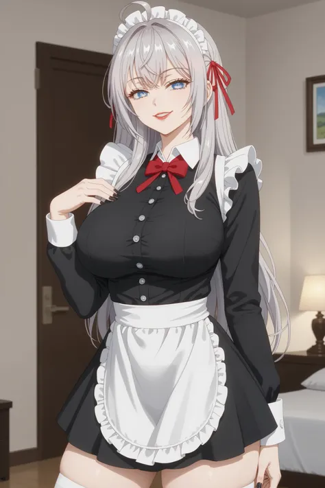 Girls, smile, red lips, fair skin, big tits, big breats, big ass, big butt, long hair, sexy body, thic body, beauty girls, maid costume, black and white maid costume colors, stocking, white stocking colors, nails, black nails colors, in bedroom background,...