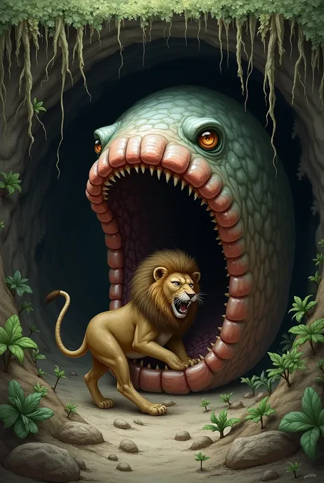 The worm under the ground eats the little lion