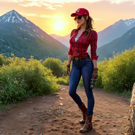 sexy woman , In the Mountain Scenery , ( muddy:1.5), ( committed from behind ), wear ( very dirty tight black jeans :1.3), ( red and white plaid cowboy shirt), Hiking Boots , gloves, sunglasses, baseball cap that eats a shape, belt. front view. full...