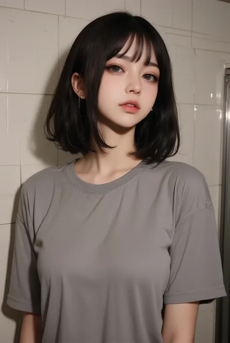 15-year-old girl, Black Bobcut, ( thin eyebrows),  oversized t-shirt, grey t-shirt ,  wet t-shirt, (Big Breasts), (( looks away)),  symmetrical eyes,  upper body,  washroom,  wet close , Low lighting,( nipples are erect)