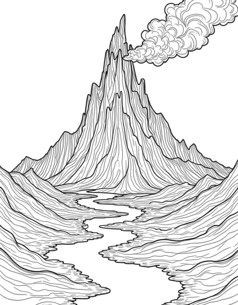 Make A towering volcanic mountain with thick, billowing smoke swirling above and bold lava rivers carving through the terrain. everything done like big and bold line art. full coloring page, no colors
