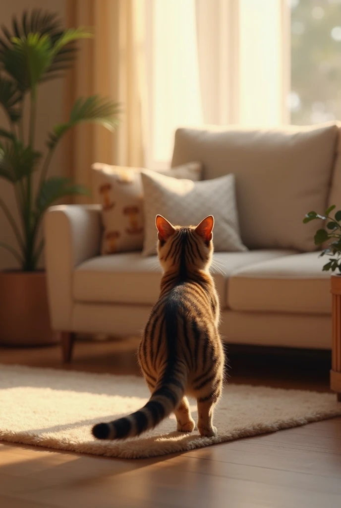 Striped cat slowly approaches the sofa in the room with a cozy stop Hyperrealistic and in high resolution