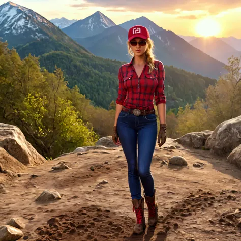 sexy woman , In the Mountain Scenery , ( muddy:1.5), ( committed from behind ), wear ( very dirty tight black jeans :1.3), ( red and white plaid cowboy shirt), Hiking Boots , gloves, sunglasses, baseball cap that eats a shape, belt. front view. full...