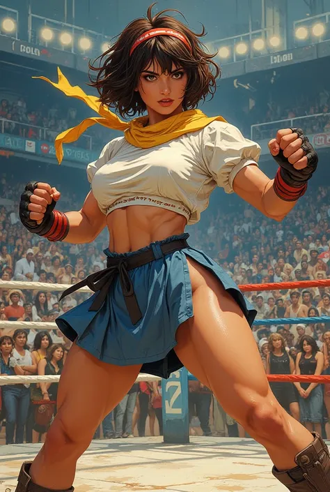 Emily Sears as Kasugano Sakura do game Street Fighter, ((( brown hair))), ((( in a fight ring ))),  with a large crowd in the background, ((((( looking at the spectator))))), (((((centered))))), ((((head in the photo)))), {(((((full-body-shot:0.95)))))}, (...