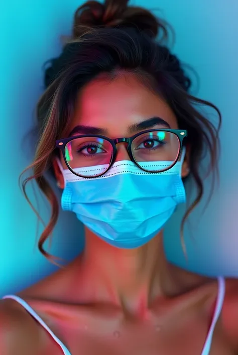 Fille bresilienne, bronzee brune portant un masque bleu sur la bouche, A pair of glasses with light blue and pink light in the background 