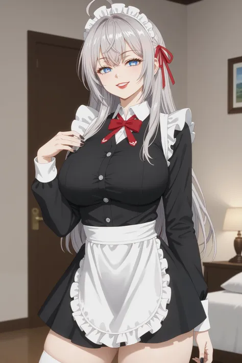 Girls, smile, red lips, fair skin, big tits, big breats, big ass, big butt, long hair, sexy body, thic body, beauty girls, maid costume, black and white maid costume colors, stocking, white stocking colors, nails, black nails colors, in bedroom background,...
