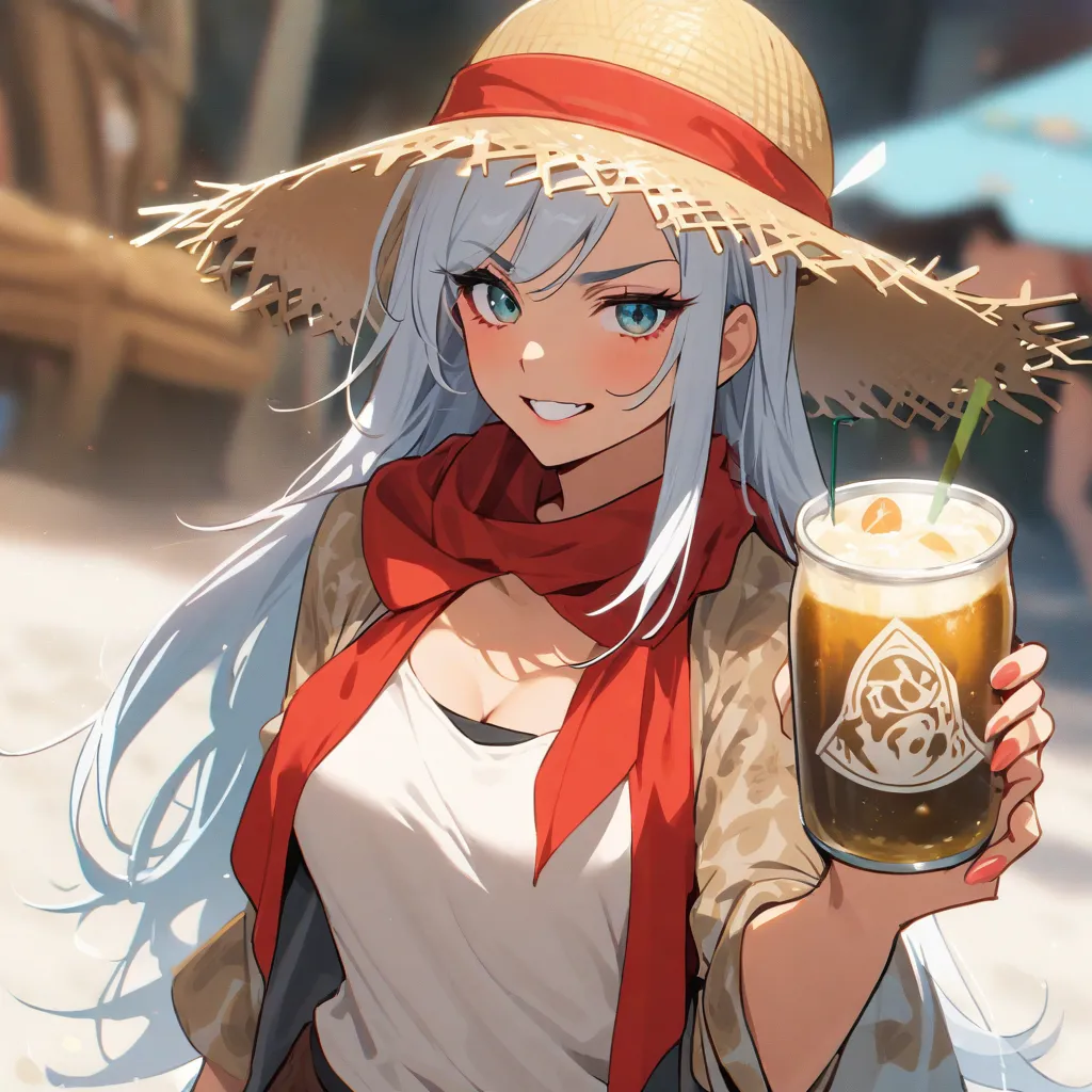 ((melhor qualidade)), ((obra-prima)), beauty Pirate Woman, holding a bear pint , straw hat and red ribbon 



