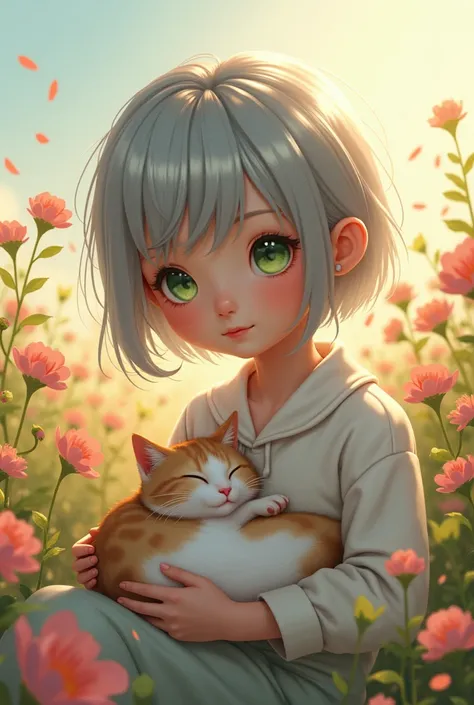 Gray Hair,  Green Eyes,  cute,  smiles,  white skin,  teenager, , cat on lap ,  The cat is sleeping, flower field, flower, Blowing Wind, Poured Light