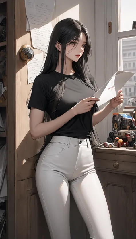 Ultra Realism, 1 , Alone, 19 years old,  long hair,  looking at the spectator, toys, black shirt,  white pants, corpo sexy,  high resolution,  masterpiece,  borrowed letter , 