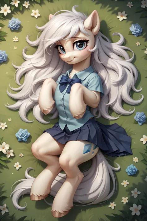 My Little Pony, pony, pony, long eyelashes, voluptuous body, high detailed, 4K, detailed face, digital, gray eyes, White body, fluffy white tail, messy hair, white hair, long hair, white and blue cutie mark single diamond, white body, lying in high grass a...