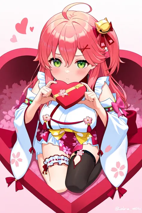 sakura miko, 1girl, pink hair, green eyes, solo, hair ornament, x hair ornament, ahoge, detached sleeves, single thighhigh, thighhighs, hairclip, bell, long hair, large breasts, floral print, Valentine, heart pass the box, ❤️