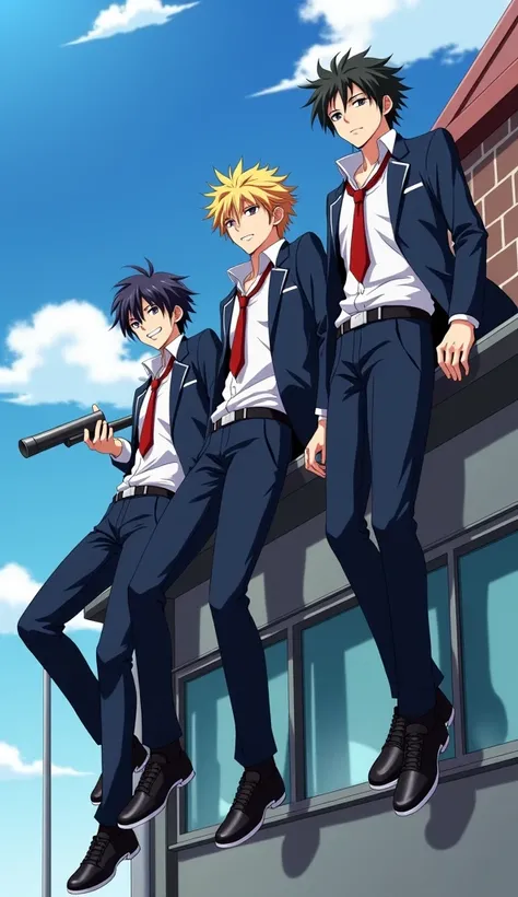 anime, 3 boys, gangster, serious face, ripped school uniform, holding weapons, each one of them has a different hairstyle and color, hanging at the top roof of the school building