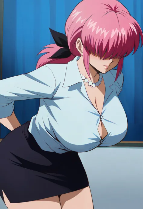 HunterXHunter screen cap anime style woman, mature, pink hair, single ponytail, low ponytail, white button up shirt, black pencil skirt, pearl necklace, black ribbon hair, back hair, blue eyes, bangs over eyes, masterpiece,best quality,amazing quality, fro...