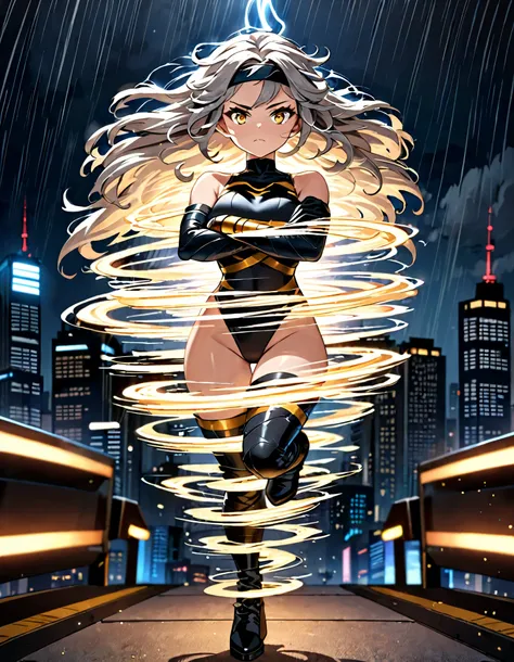 masterpiece, best quality, 1girl, grey hair, shoulder length hair, wavy hair, black hairband, auburn eyes, beautiful detailed eyes, beautiful detailed face, cute face, stoic, professional, ninja, black leotard, black tactical gloves, bare legs, gold bracel...