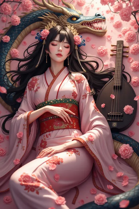 Beautiful pretty cute Benzaiten-sama（ long black hair、Benzaiten's hairstyle、Benzaiten's iconic hair ornament、Luxurious traditional Japanese yukata） sleeping on a pink rose bed。A dragon is watching her with golden eyes nearby　There is a biwa next to her 　 R...