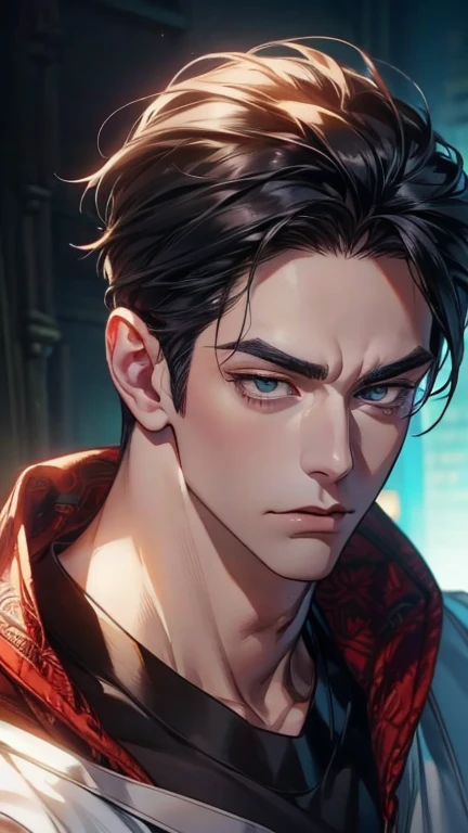 (     league player  ,4K,8k,    highres,    masterpiece :1.2),    ultra-detailed  ,(realistic,photorealistic,photo-realistic:1.37),36-year-old man,3 day beard,Beautiful anime,Portraits,strong,Masculine,     with black hair  ,sharp jaw,       mesmerizing ey...