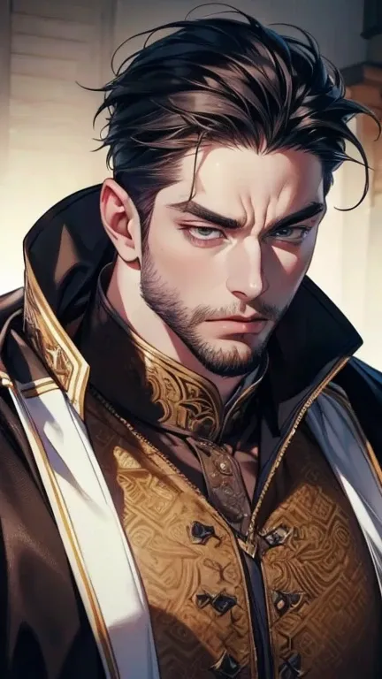 (     league player  ,4K,8k,    highres,    masterpiece :1.2),    ultra-detailed  ,(realistic,photorealistic,photo-realistic:1.37),36-year-old man,3 day beard,Beautiful anime,Portraits,strong,Masculine,     with black hair  ,sharp jaw,       mesmerizing ey...