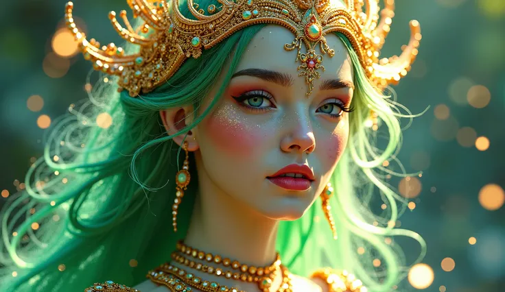 A dazzling Venusian princess adorned in shimmering emerald and gold, radiating an otherworldly glow. This character is the main focus of a digitally painted portrait. Her ethereal beauty is emphasized by her iridescent skin, sparkling celestial jewelry, an...