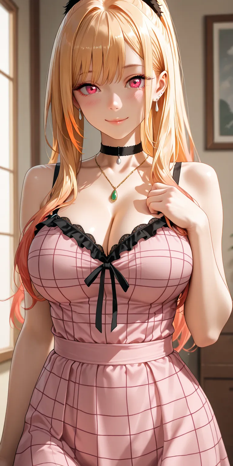 Masterpiece, newest, high contrast, very aesthetic, vibrant, mature female, marin kitagawa, high ponytail long hair, light yellow orange color hair light orange hair tips, dark pink eye color, camisole, perfect breast, upper body, ultra detailed, highres, ...