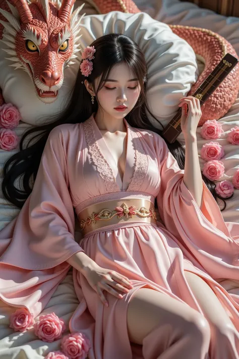 Beautiful pretty cute Benzaiten-sama（ long black hair、Benzaiten's hairstyle、Benzaiten's iconic hair ornament、Luxurious traditional Japanese yukata） sleeping on a pink rose bed。A dragon is watching her with golden eyes nearby　There is a biwa next to her 　 R...