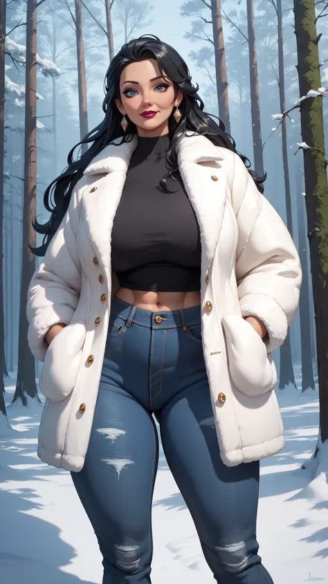 (date:20250205, By:Joulios) (A gorgeous busty black woman milf)(Black Woman:1.2) with long hair, enormous huge gigantic round tits, dressed in a snow fur jacket, snow jeans, in a frozen forest