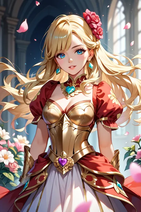 A female swordsman wearing luxurious Western-style golden armor is in battle,and(teddy bear),Surrounded by gorgeous flowers , Petals dance , Warm Light,  sparkling effect,  The light is shining  。 blonde, long hair, mysterious atmosphere , action