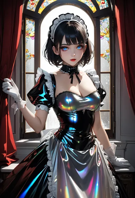 ultra detailed, absolutely resolution, masterpiece. 
cool beauty, red glossy silky flowing high layered very short cut, captivating eyes, makeup, lewd expression, lewd great body proportion, wearing grey and black Northern Renaissance style latex maid dres...