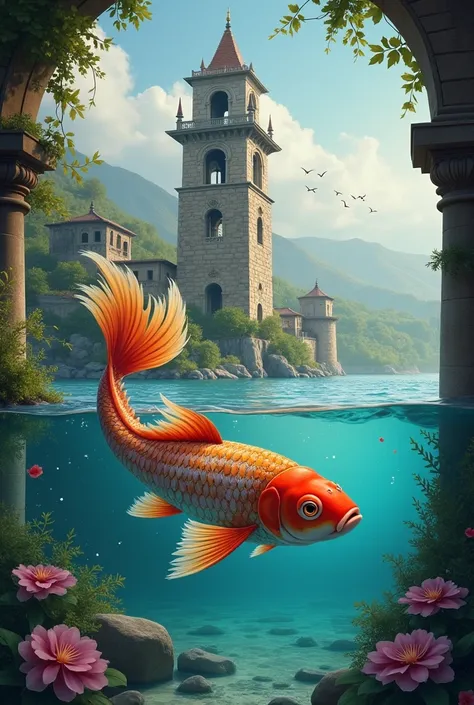 Picture of a fish next to a bell tower