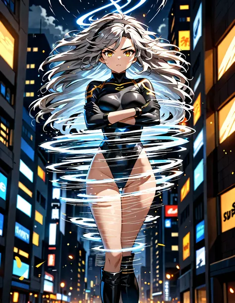 masterpiece, best quality, 1girl, grey hair, shoulder length hair, wavy hair, black hairband, auburn eyes, beautiful detailed eyes, beautiful detailed face, cute face, stoic, professional, ninja, high leg black leotard, black tactical gloves, bare legs, go...