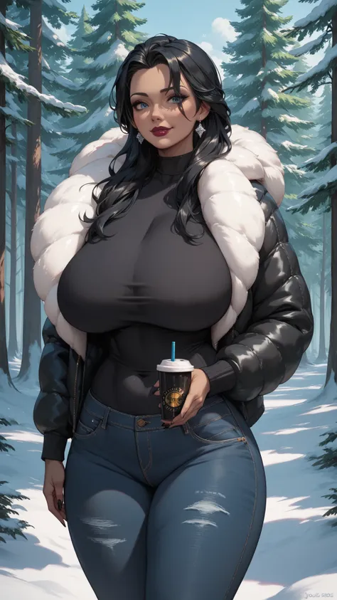 (date:20250205, By:Joulios) (A gorgeous busty black woman milf)(Black Woman:1.5) with long hair, enormous huge gigantic round tits, dressed in a snow fur jacket, snow jeans, in a frozen forest