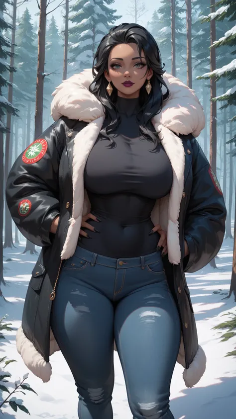 (date:20250205, By:Joulios) (A gorgeous busty black woman milf)(Black Woman:1.5) with long hair, enormous huge gigantic round tits, dressed in a snow fur jacket, snow jeans, in a frozen forest